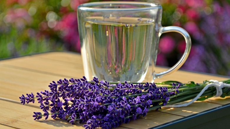Fresh lavender with a clear glass mug of tea on an outdoor table