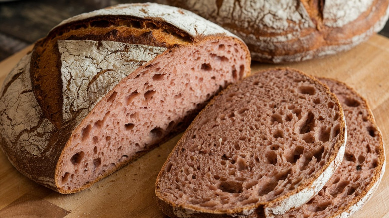 A rye flour sourdough loaf with some slices cut out of it.