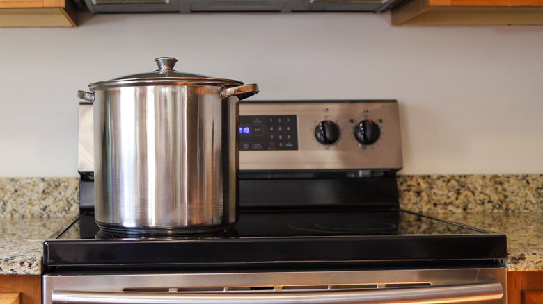 A large, stainless steel cooking pot sitting on the stove in a residential kitchen