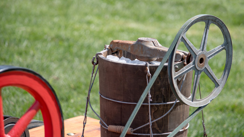antique ice cream maker in an outdoor setting