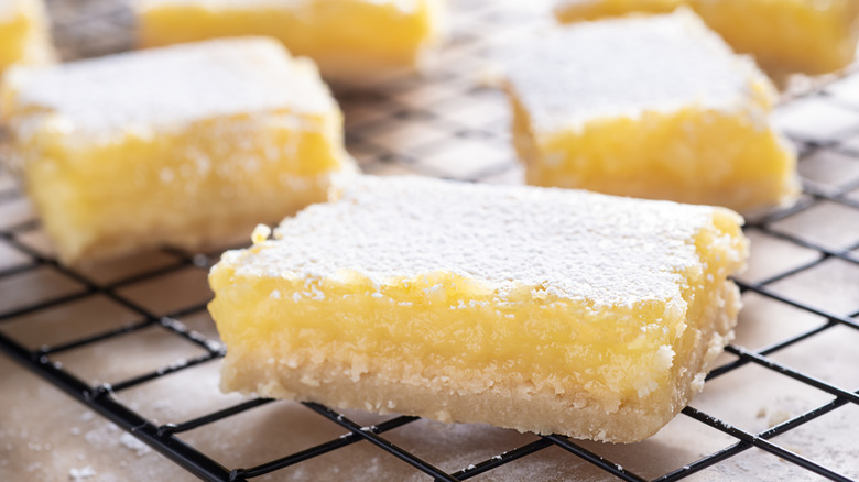 Sliced lemon bars on a tray