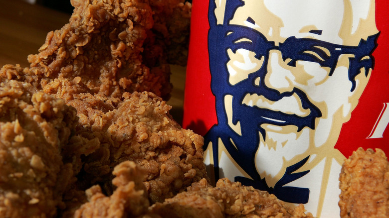 closeup of KFC fried chicken with paper bucket