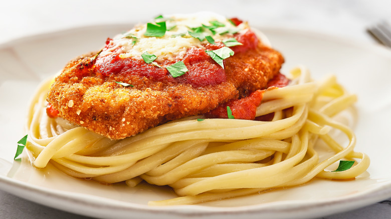 Linguine with chicken parm on top