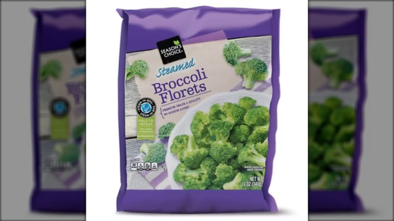 Season's Choice steamable broccoli florets in a purple bag from Aldi