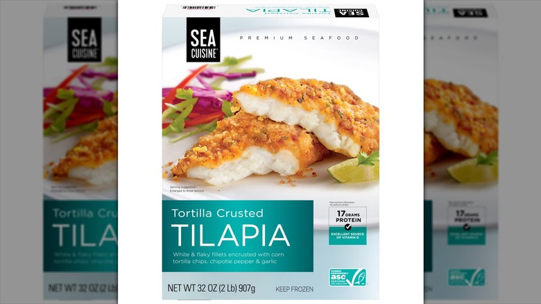 A box of Sea Cuisine Tortilla Crusted Tilapia on a white background.