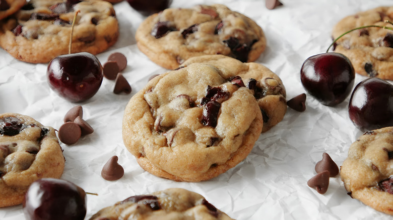Cherry chocolate chip cookies with fresh cherries and milk chocolate morsels