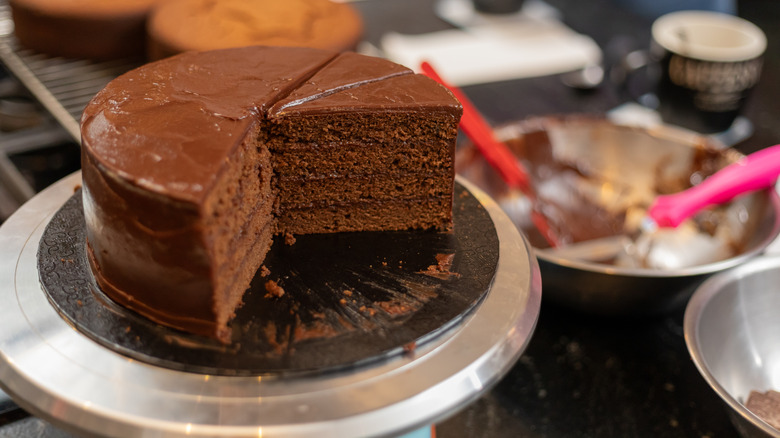 chocolate layer cake on plate