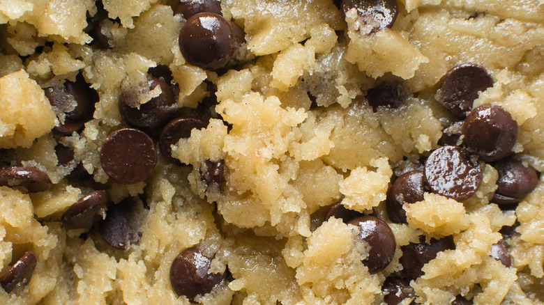 A close up of chocolate chip cookie dough