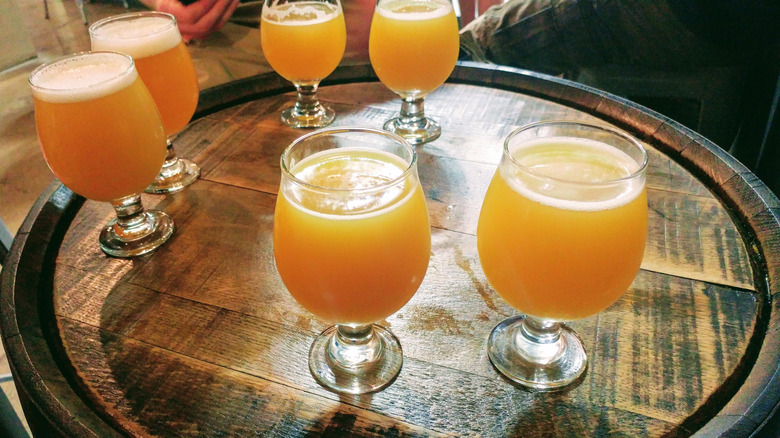 Six glasses of hazy golden IPA beer in tulip glasses on a wooden barrel top