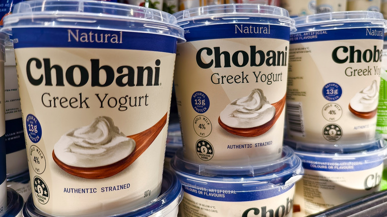 Chobani Greek yogurt containers in grocery store