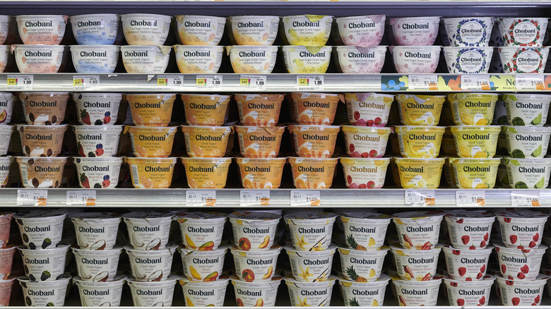 Grocery store shelves full of Chobani Greek yogurt