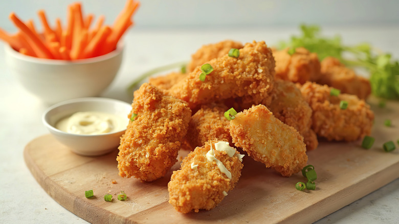 Breaded chicken nuggets with dip and a bowl of carrot sticks in the background