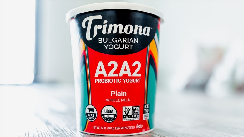 Tub of Trimona yogurt on table