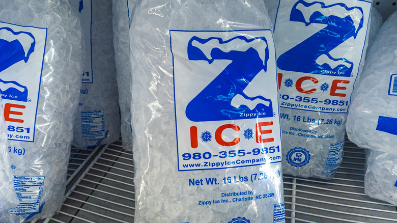 Bags of ice in a freezer