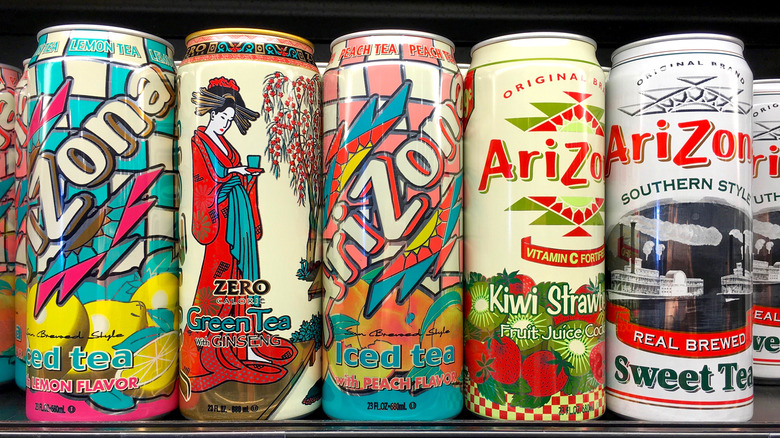 A row of AriZona iced tea cans on the shelf