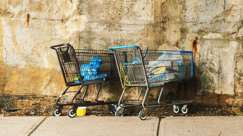shopping carts on a sidewalk with trash in them