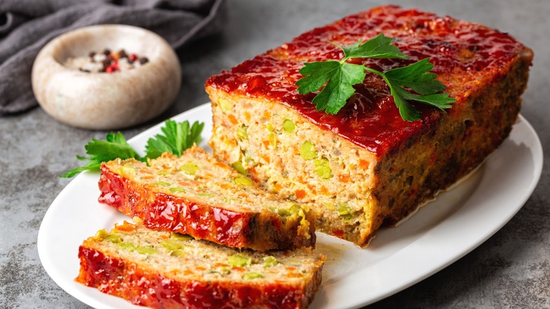 Homemade meatloaf on a platter.