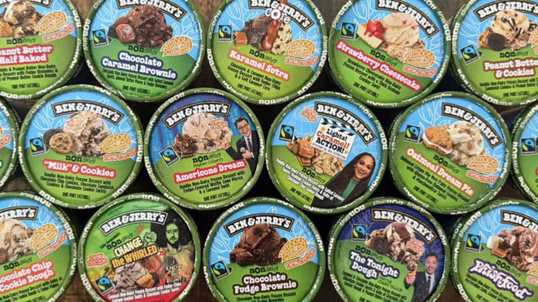 Lineup of Ben and Jerry's non-dairy ice cream flavors seen from above.