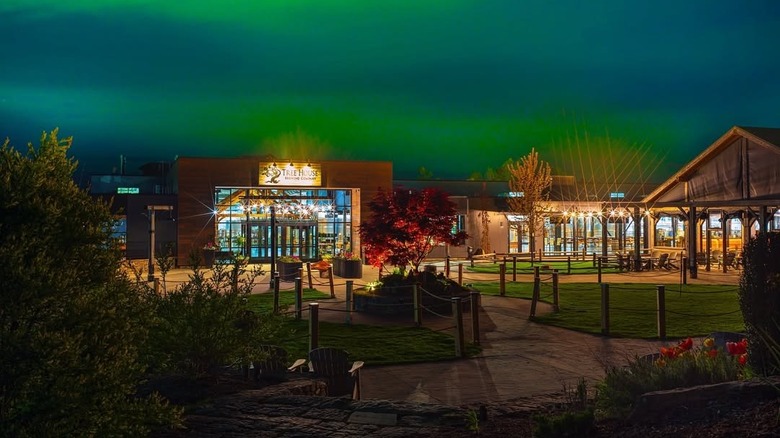 Exterior of Tree House Brewing company at night under faint aurora borealis in the sky