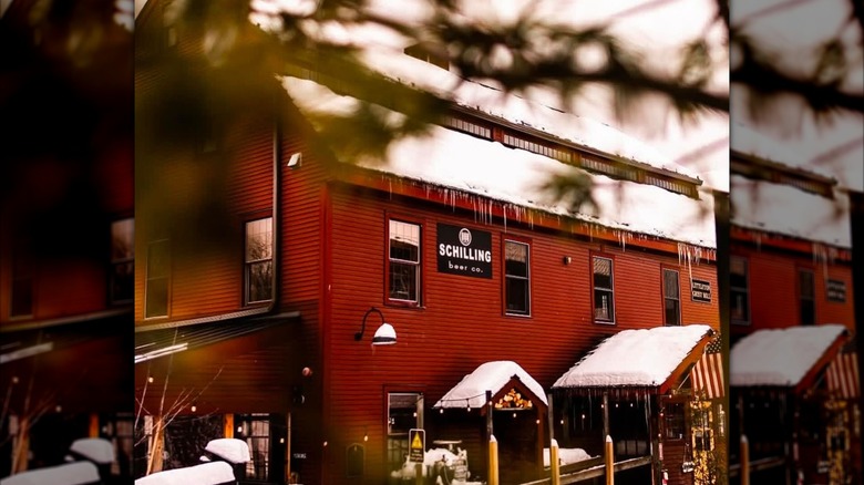 Exterior of Schilling Beer Company on a snowy day