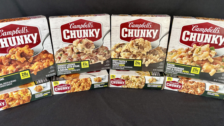Assorted Campbell's Chunky frozen soup packages next to each other.