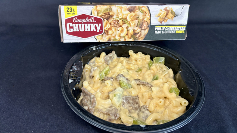 Campbell's Chunky Philly Cheesesteak mac and cheese bowl prepared in front of package.