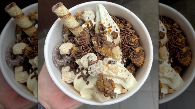 cup of froyo topped with chocolate sprinkles and other pieces of candy