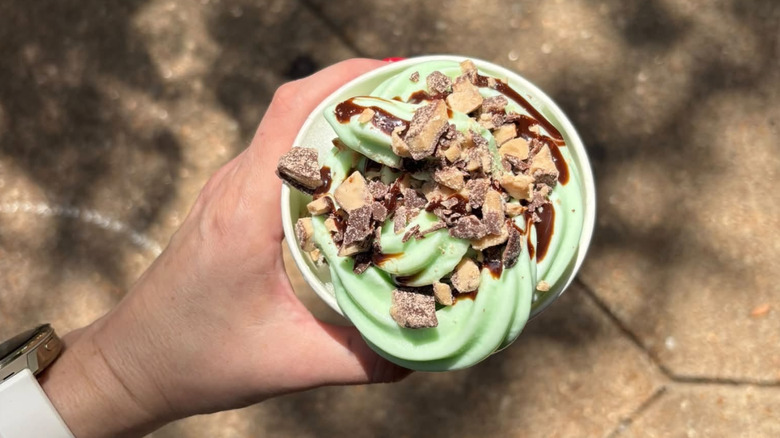 hand holding a cup of green froyo with chocolate syrupt and cookie crumbles