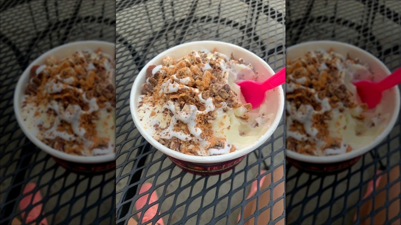 cup of froyo with reeses chunks and a hot pink plastic spoon