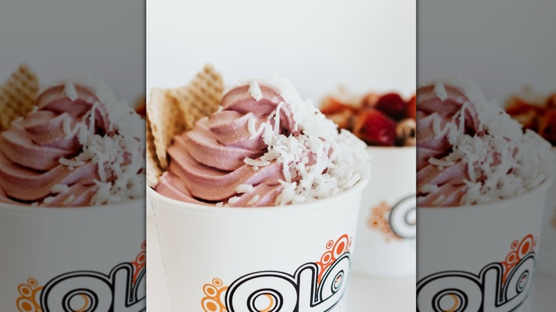 pink swirl of froyo with coconut shavings and waffle cone chunks, and red fruit in the background