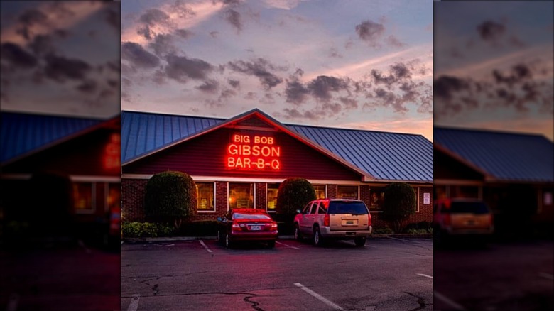 Neon sign on exterior of Big Bob Gibson Bar-B-Q