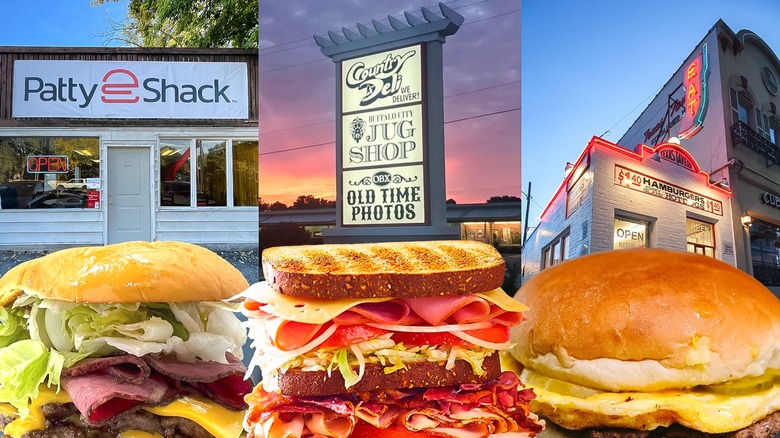 Composite image of three hole in the wall restaurants with burgers and sandwiches at the foreground