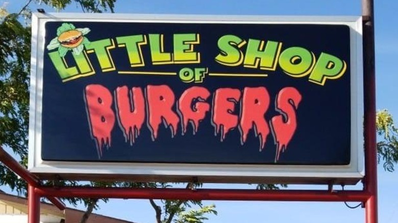 Colorful letters on Little Shop of Burgers Sign