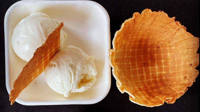 Sarabha's Creamery cashew ice cream scoops in white porcelain dishes with waffle cones on side