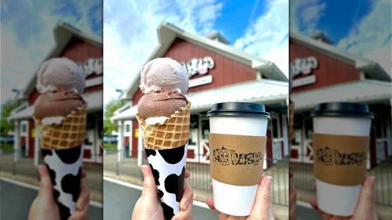 Moo Thru ice cream cone and to go coffee cup close up with shop exterior in background
