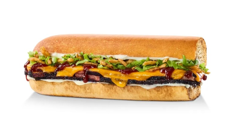 The Hickory Brown Sugar BBQ Brisket Sandwich from Jimmy John's on a white background