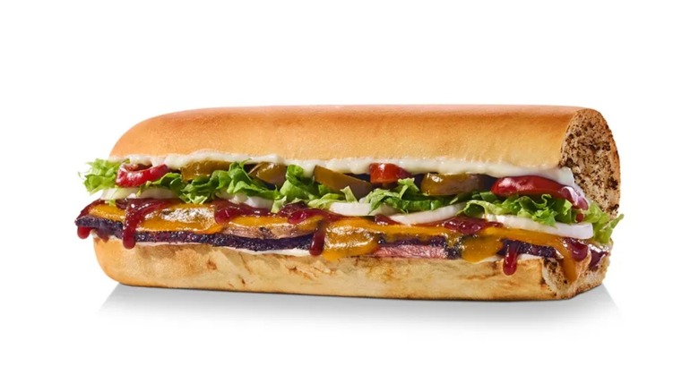 The Sweet & Spicy BBQ Brisket Sandwich from Jimmy John's on a white background