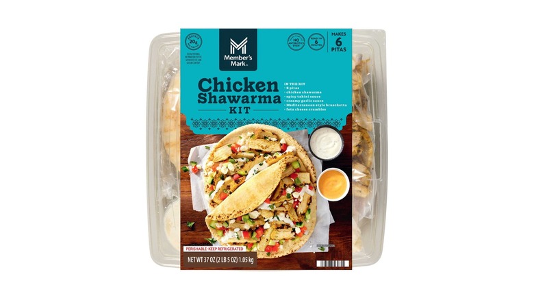 A boxed Chicken Shawarma Kit with a picture of two shawarma wraps and pots of sauce on the front