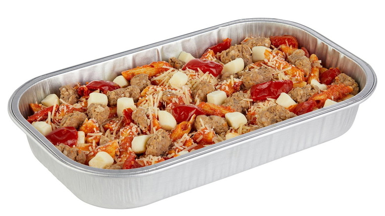 The Member's Mark High Protein Penne with Italian Sausage in its silver tray.