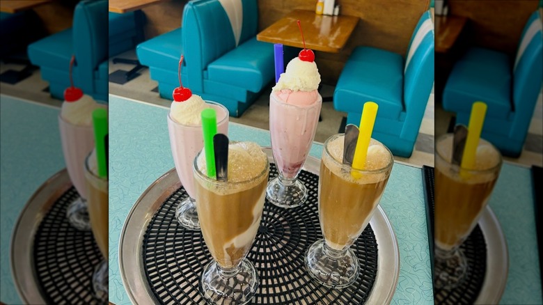 Assorted old fashioned milkshakes in glasses at Brent's Drugs