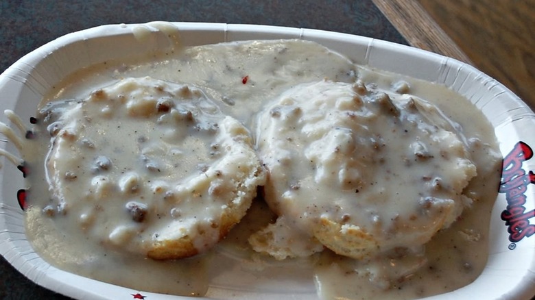Southern Gravy and Biscuits on a paper plate at Bojangles