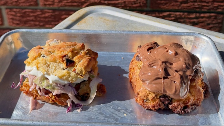 Sweet pepper and black bean biscuit and chocolate chip biscuit with nutella fluff