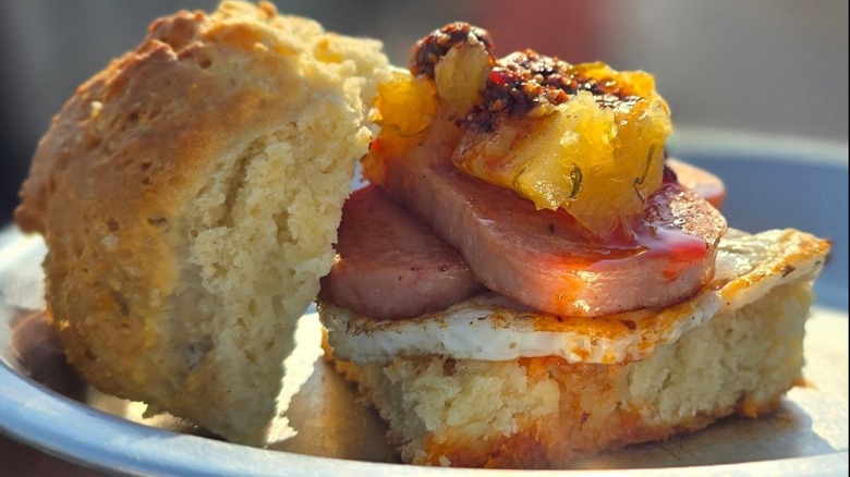 Spam, fried egg, pineapple-ramp chutney, and chili crisp biscuit at Buford's Biscuits