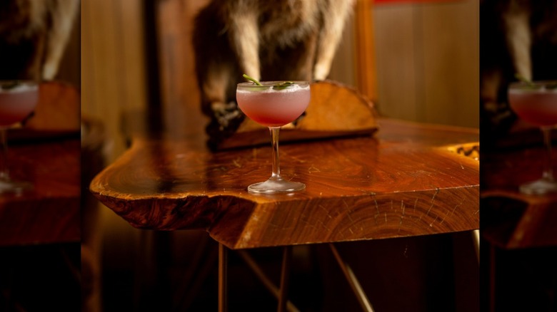 rustic wooden bar table with a cocktail drink and a taxidermied racoon on it at Ranger Station
