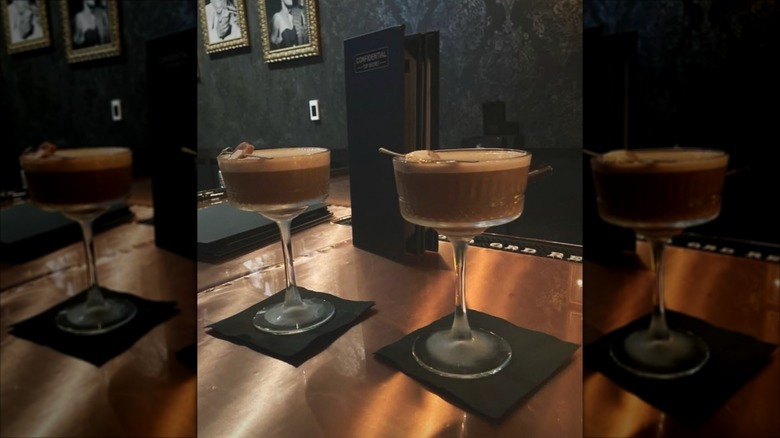 Two espresso martinis on a table at The Candy Bar