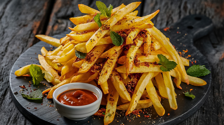 Crispy french fry and some greens with tomato ketchup on the side.