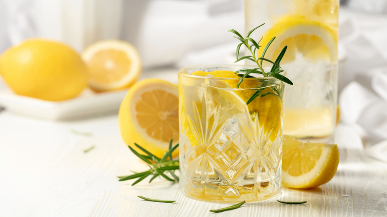 A fancy glass of lemon water with a sprig of rosemary in it, pictured with many sliced lemons