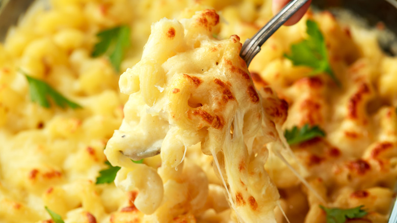 Forkful of baked mac and cheese with cheese pull