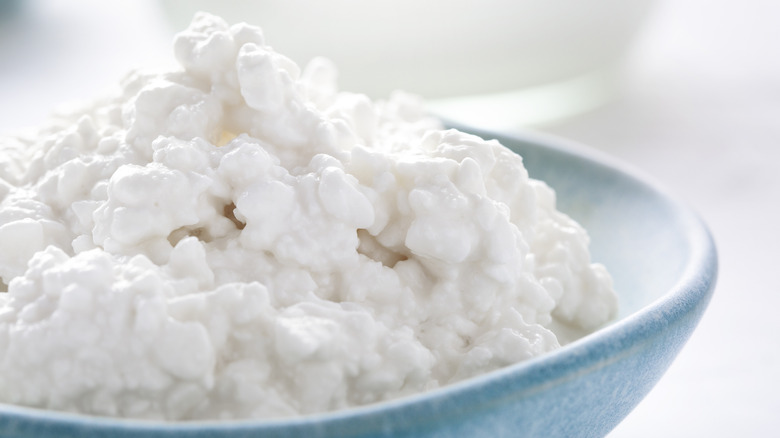 close-up of cottage cheese piled high in blue bowl