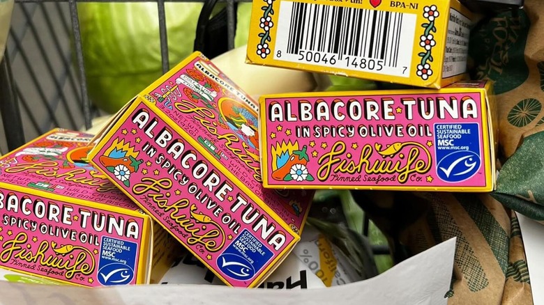 Boxes of Fishwife tuna in a cart